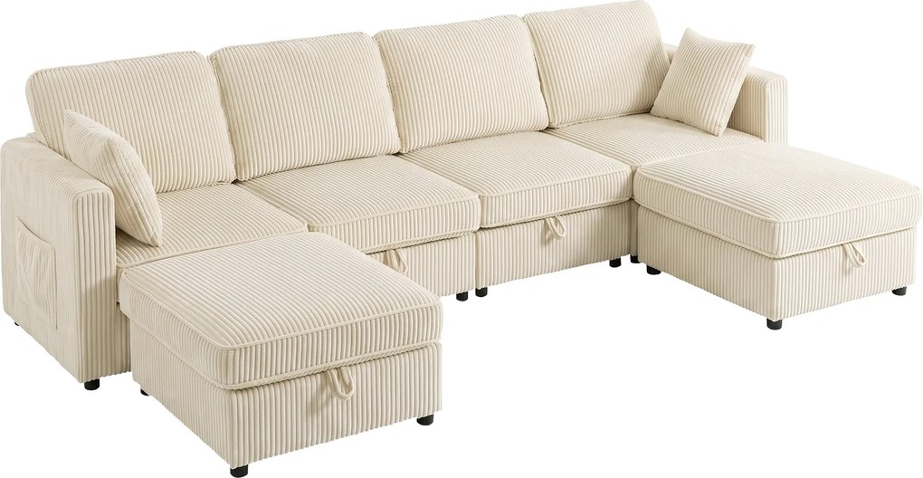 HOMCOM Canapea Modulară în U cu 4 Locuri, 2 Pufuri cu Depozitare, Catifea Reiată, 306x153x85 cm, Crem | Aosom Romania