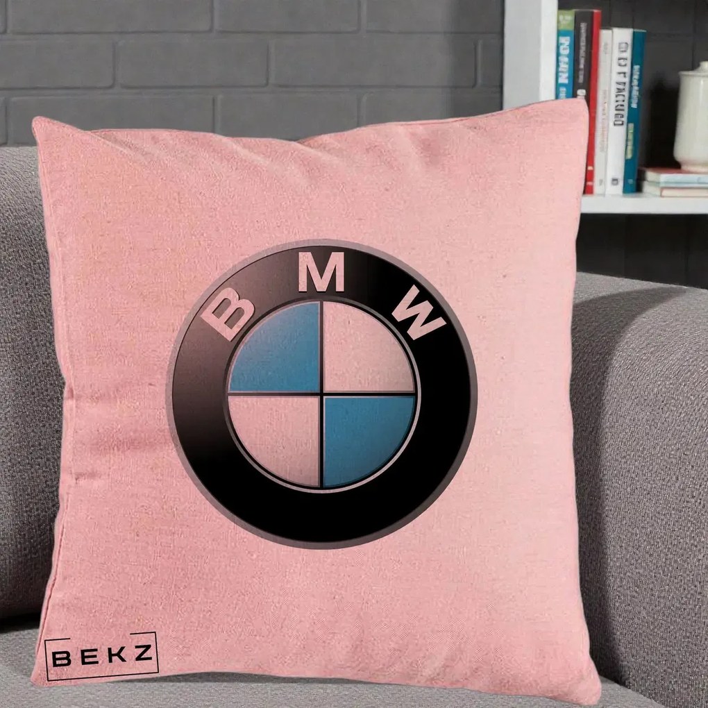 Perna Personalizata cu emblema BMW, 40x40 cm, Roz, Husa Detasabila, Perna Inclusa, BEKZ®