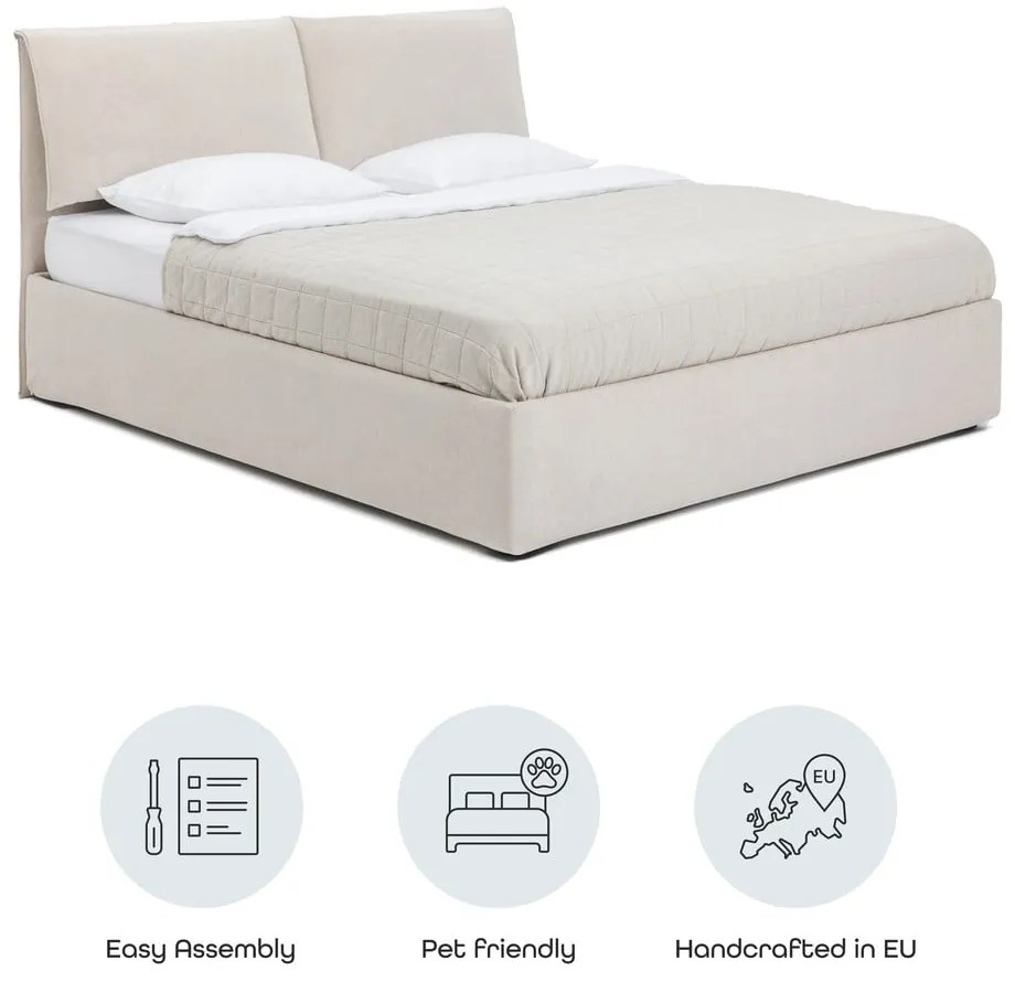 Pat matrimonial bej tapițat cu spațiu de depozitare cu somieră 160x200 cm Thessa Pillow – Bonami Selection