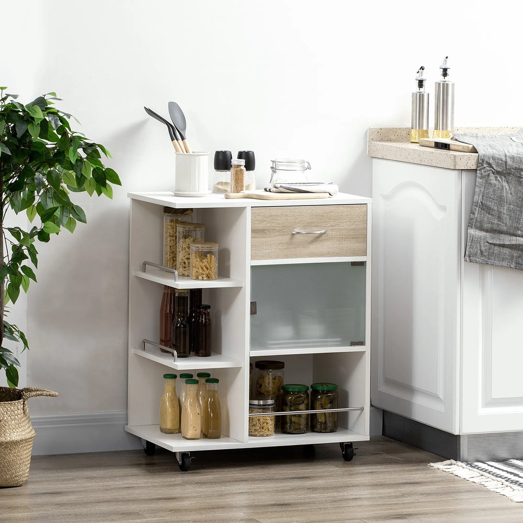 HOMCOM Carucior de bucătărie insulă centrală de bucătărie cu roți pivotante 360° rafturi cu bariere 65 x 39 x 80 cm alb | Aosom Romania