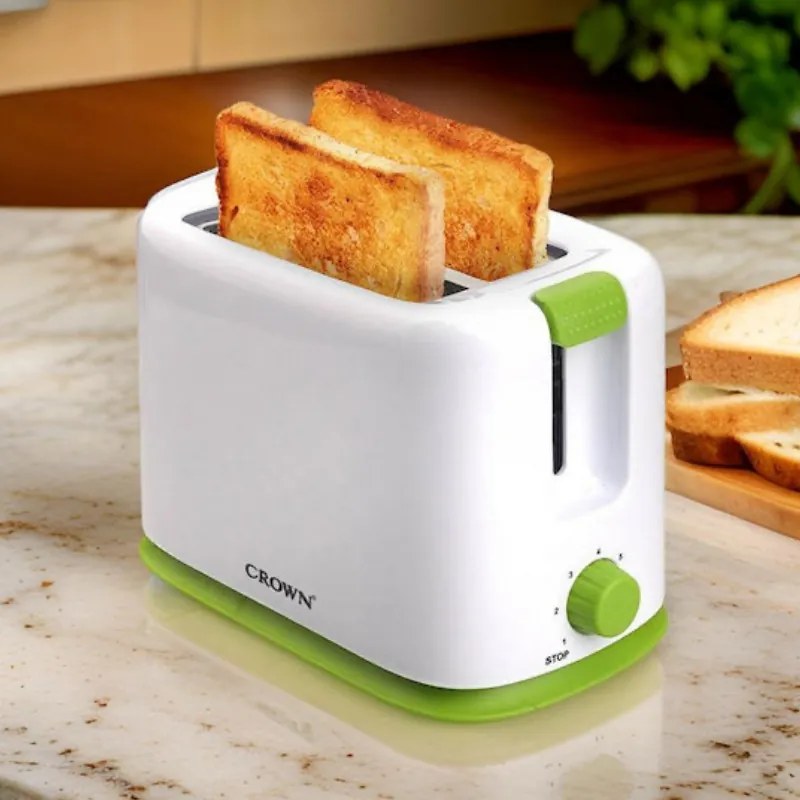 Prajitor de paine Crown CT-710WG, 700 W, 5 trepte, Fante largi, Ridicare inalta, Alb/Verde