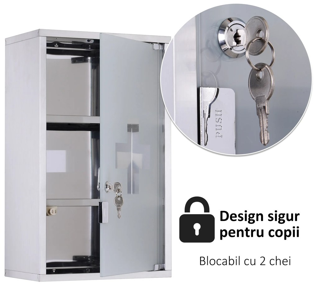 HOMCOM Dulap pentru Medicamente, din Inox, Ușor de Curățat, 50x30x18 cm, Argintiu | Aosom Romania