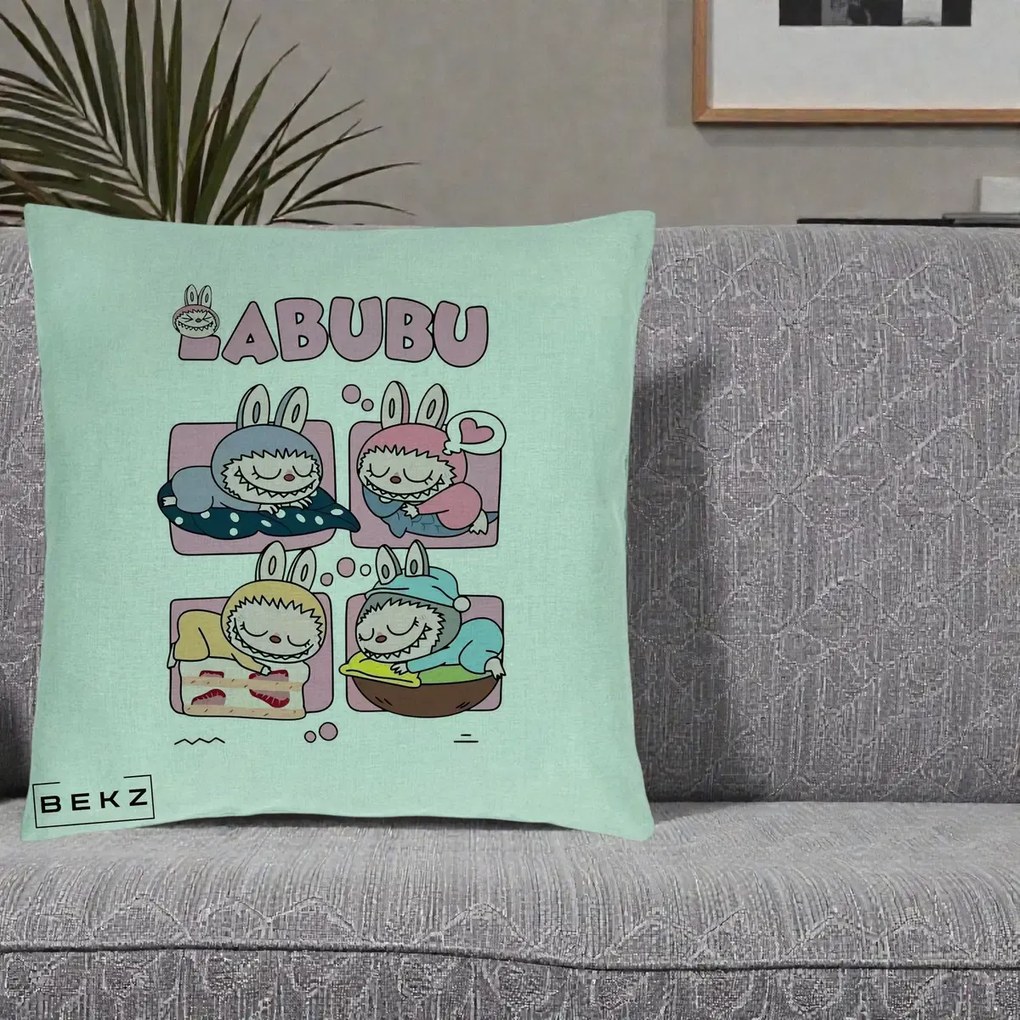 Perna Personalizata Labubu Sleeping Quad Grid, 40x40 cm, Verde Menta, Husa Detasabila, Perna Inclusa, BEKZ®