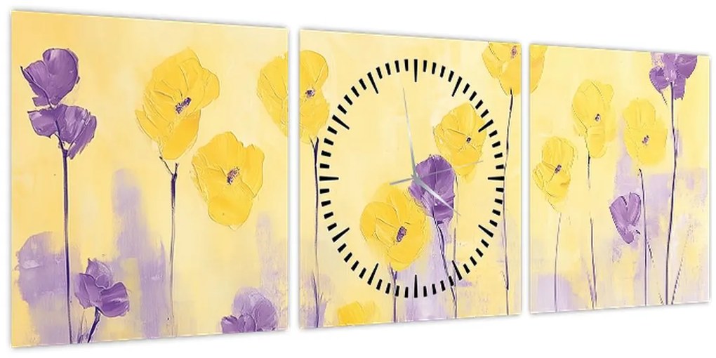 Tablou - Flori mov și galbene (cu ceas) (90x30 cm)