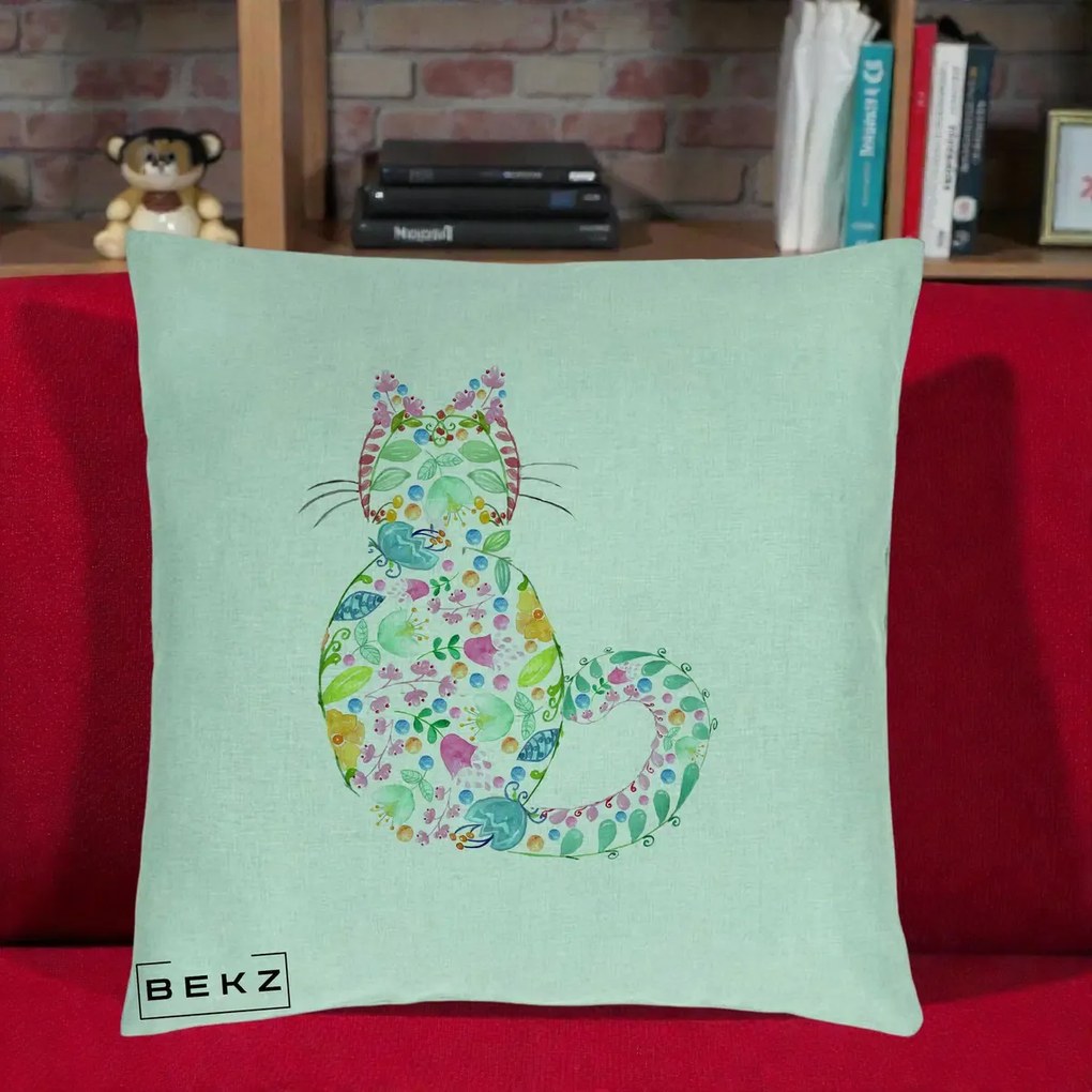 Perna Decorativa Pisica Florala Acuarela, 40x40 cm, Verde Menta, Husa Detasabila, Perna Inclusa, BEKZ®