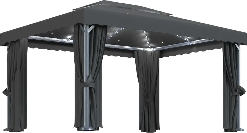 vidaXL Pavilion cu perdele & șiruri lumini LED, antracit, 4x3 m