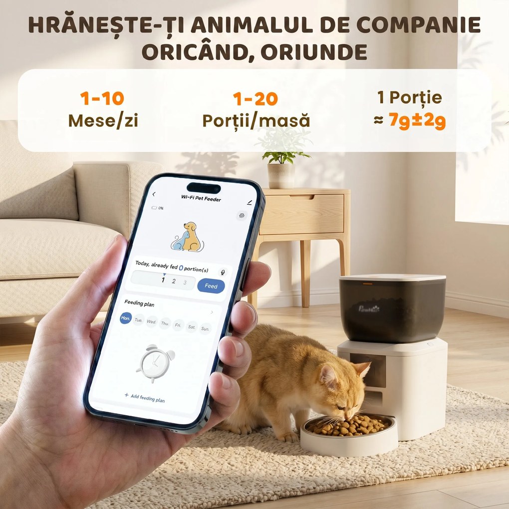 PawHut Distribuitor Automat de Hrană pentru Pisici 4L, WiFi 2.4G, Control App cu Înregistrare 10s, Bol, Alb | Aosom Romania