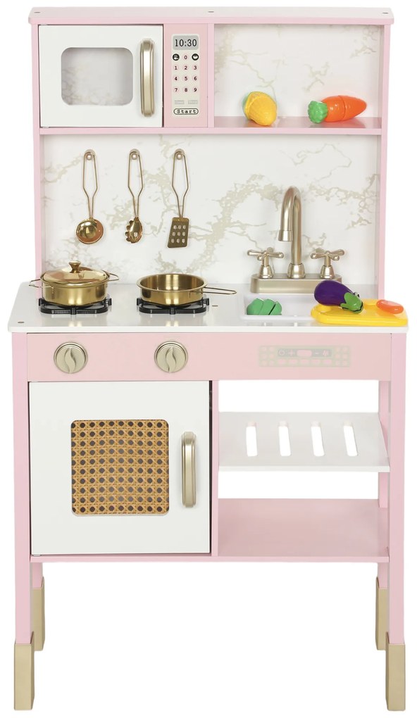 AIYAPLAY Bucătărie de jucărie din lemn cu sunet cu accesorii din oțel inoxidabil legume pentru tăiat Roz | Aosom Romania