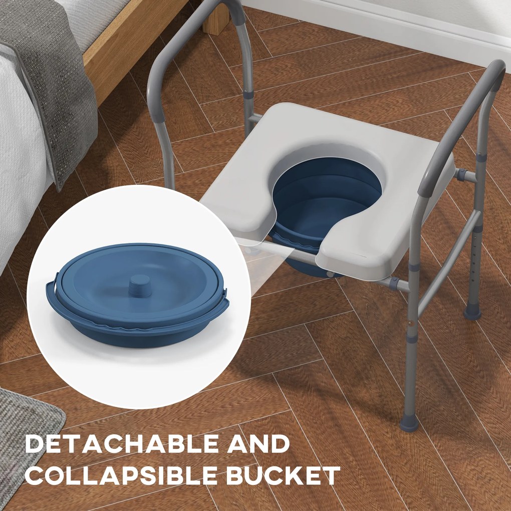 HOMCOM Scaun cu Vas de Toaletă pentru Vârstnici, Scaun de Toaletă Multifuncțional 4-În-1 cu Înălțime Reglabilă, 64x53x70-82 cm, Gri | Aosom Romania