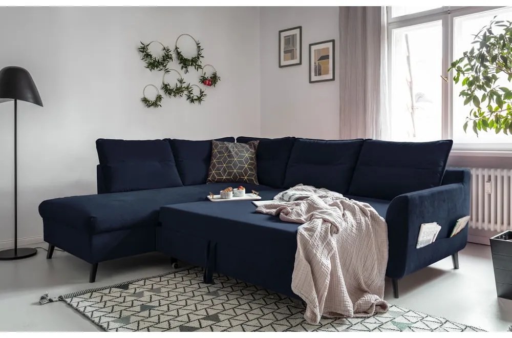 Colțar extensibil din catifea cu șezlong pe partea stângă Miuform Stylish Stan L, albastru deschis