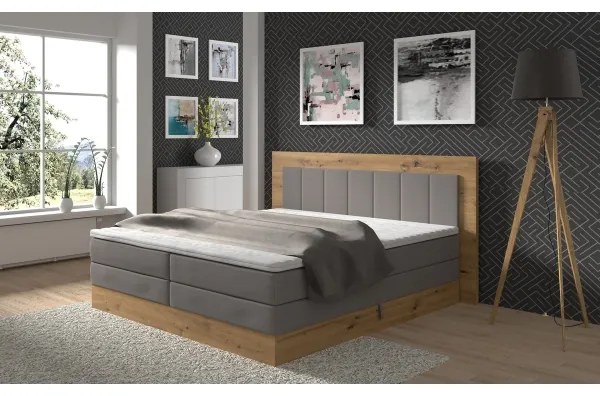 Pat boxspring JASMINE 180x200 cm, cu saltele și topper, cu spațiu de depozitare, gri