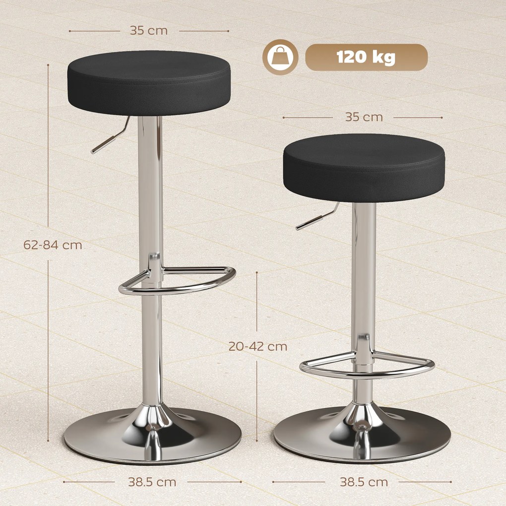 HOMCOM Set 2 Scaune de Bar din Piele PU, Rotative, Înălțime Reglabilă pentru Bucătărie, Negru | Aosom Romania