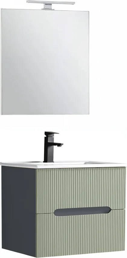 Trent Mobilier de baie 60 cm lavoar ceramic (2 sertare) cu oglindă 60x80 cm gri antracit-verde-oliv
