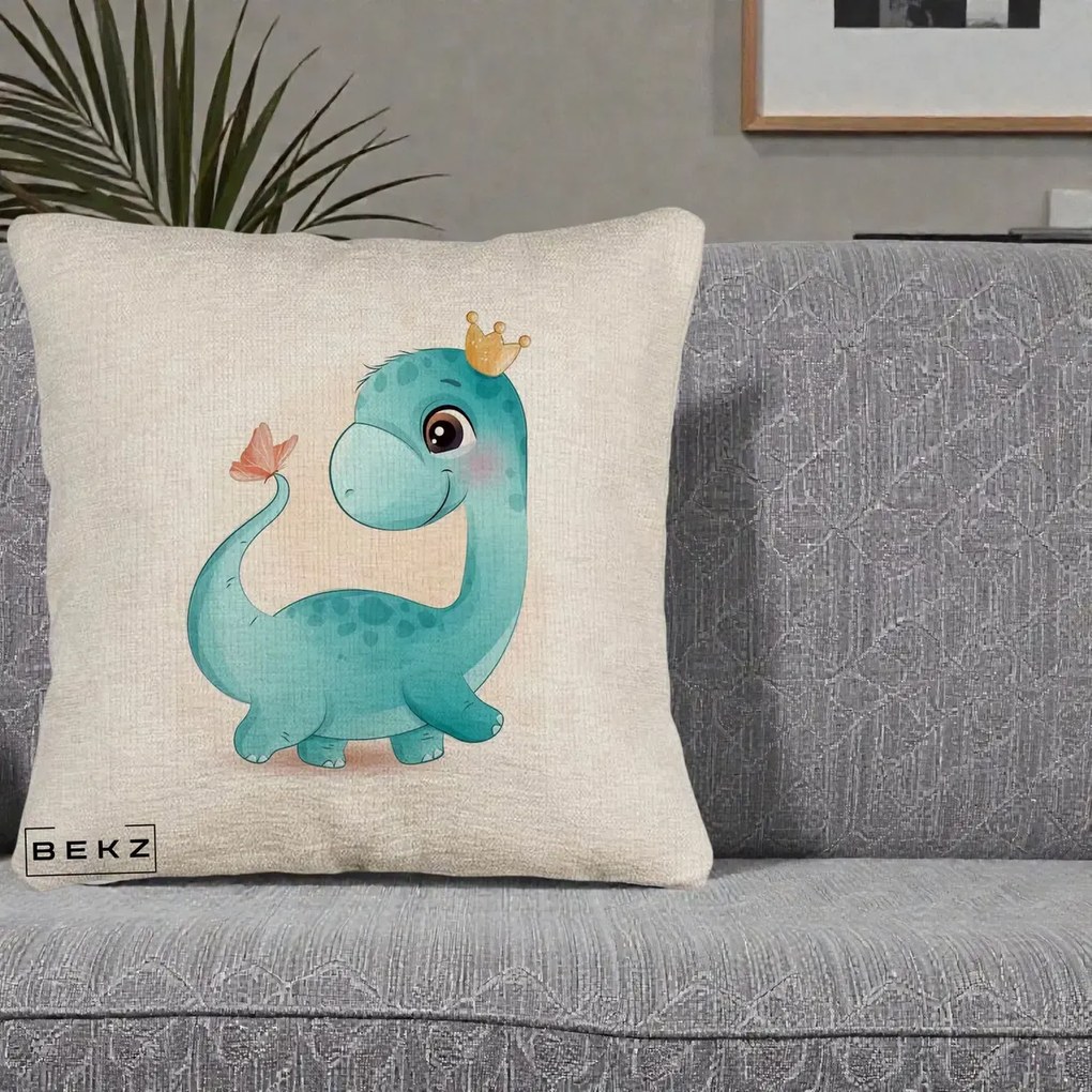 Perna Personalizata Dinozaur Bland Coroana Kawaii, 40x40 cm, Bej Canapea, Husa Detasabila, Perna Inclusa, BEKZ®