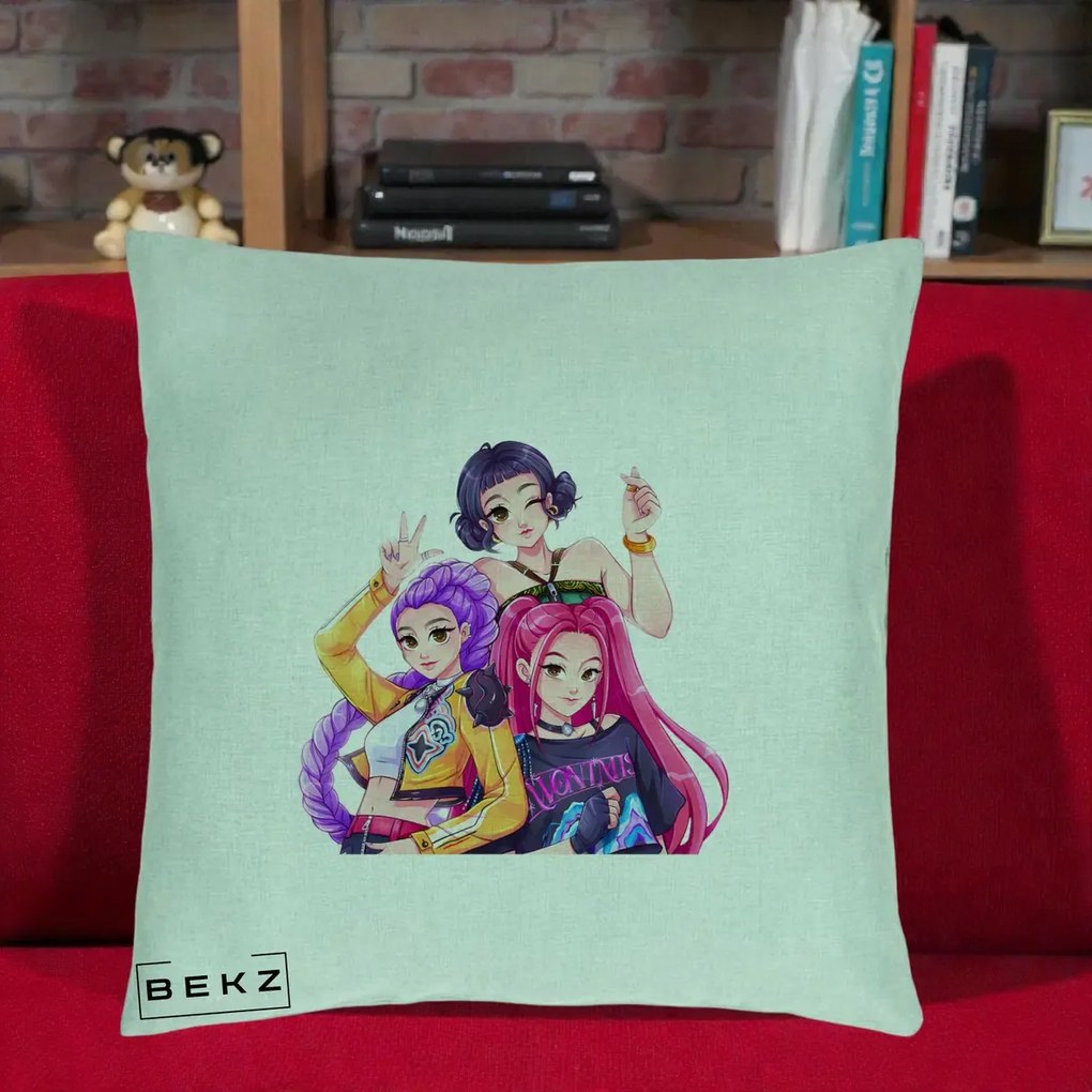 Perna Personalizata K-pop HUNTRX Trio Animat Fete Foto, 40x40 cm, Verde Menta, Husa Detasabila, Perna Inclusa, BEKZ®