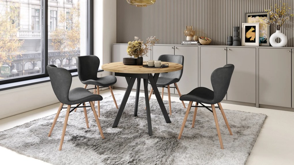 Mazzoni ALDO Stejar Artisan/picioare negre - MASĂ ROTUNDĂ EXTENSIBILĂ CU PICIOARE ÎN FORMĂ DE "Y" STIL LOFT PENTRU SALON/SUFRAGERIE