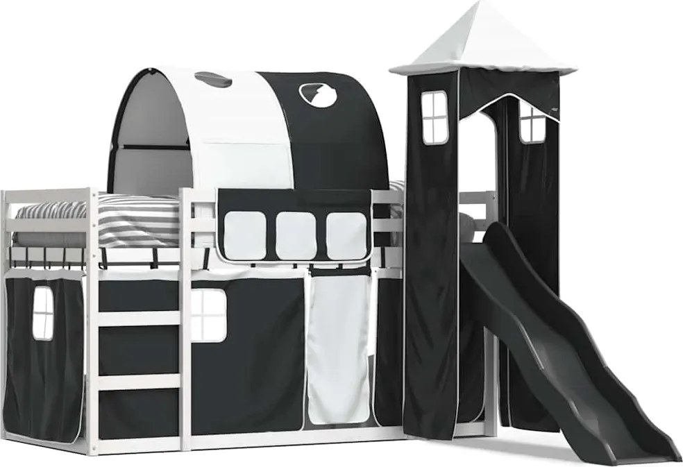 vidaXL Pat supraetajat cu tobogan și perdele, alb și negru, 80x200 cm