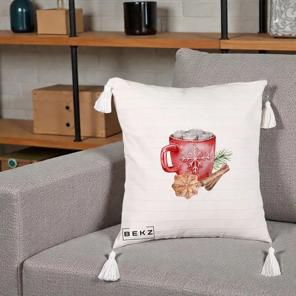 Perna Decorativa Cacao de Iarna cu Biscuit, 40x40 cm, Bej cu Franjuri, Husa Detasabila, Perna Inclusa, BEKZ®