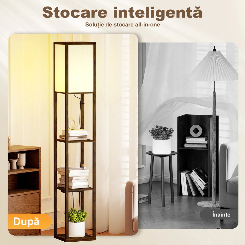 Lampă de Podea HOMCOM LED cu Rafturi, Lampă Modernă cu Comutator cu Pedală și Porturi USB, Temperatură Reglabilă a Luminii pentru Living, Dormitor, Maro | Aosom Romania