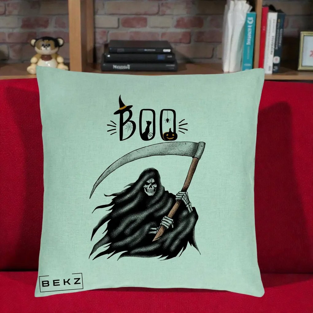 Perna Decorativa Halloween Boo Grim Reaper cu Coasa, 40x40 cm, Verde Menta, Husa Detasabila, Perna Inclusa, BEKZ®