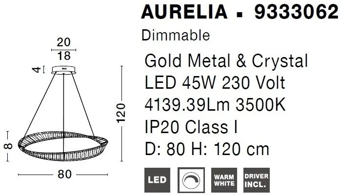 Lustra LED suspendata , dimabila, cristal design elegant AURELIA auriu 80cm