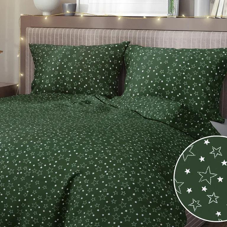 Goldea lenjerie de pat din bumbac - model x-29 de crăciun - steluțe albe pe verde 140 x 200 și 70 x 90 cm