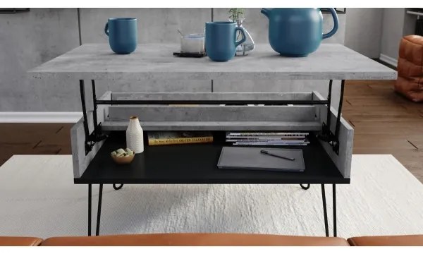 Masă de cafea HALIJA cu blat rabatabil și raft, gri beton / negru