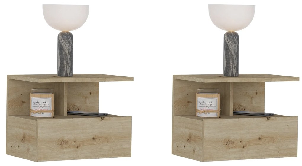 Set 2 Noptiere suspendate Kabi, 1 Usa, Stejar Artisan, 45 x 30 x 34 cm