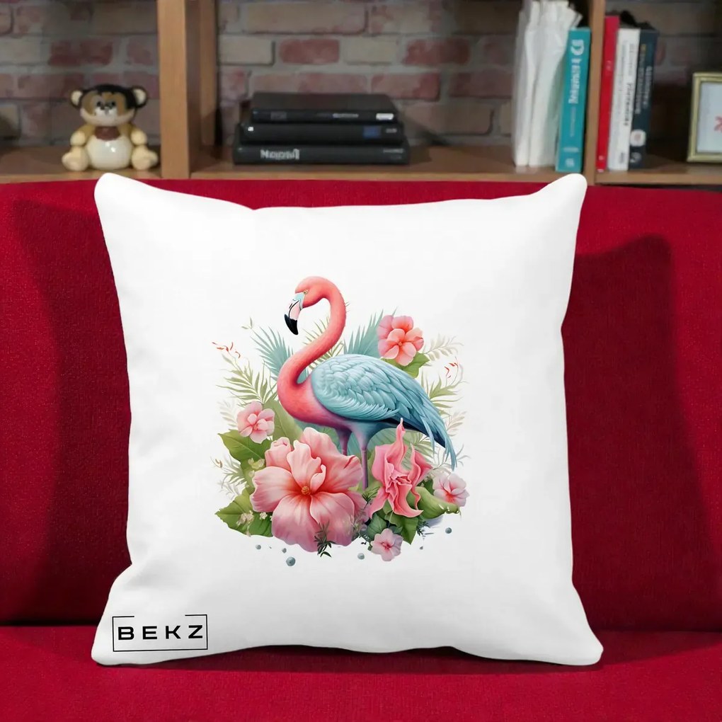 Perna Decorativa Flamingo cu Hibiscus Tropical, 40x40 cm, Alba Mata, Husa Detasabila, Perna Inclusa, BEKZ®