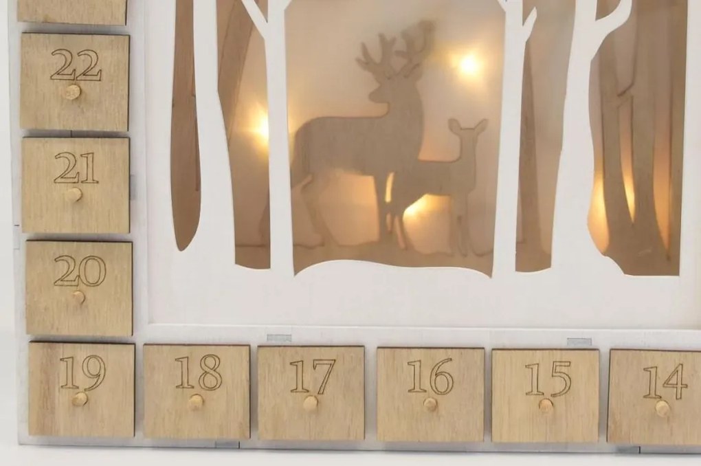 Calendar Crăciun din lemn cu LED și timer, motiv reni, 30x25