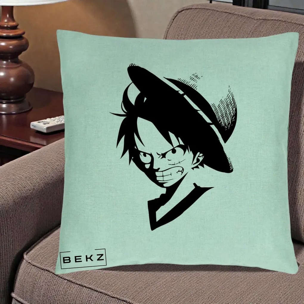 Perna Personalizata One Piece Luffy Silueta Alb-Negru, 40x40 cm, Verde Menta, Husa Detasabila, Perna Inclusa, BEKZ®