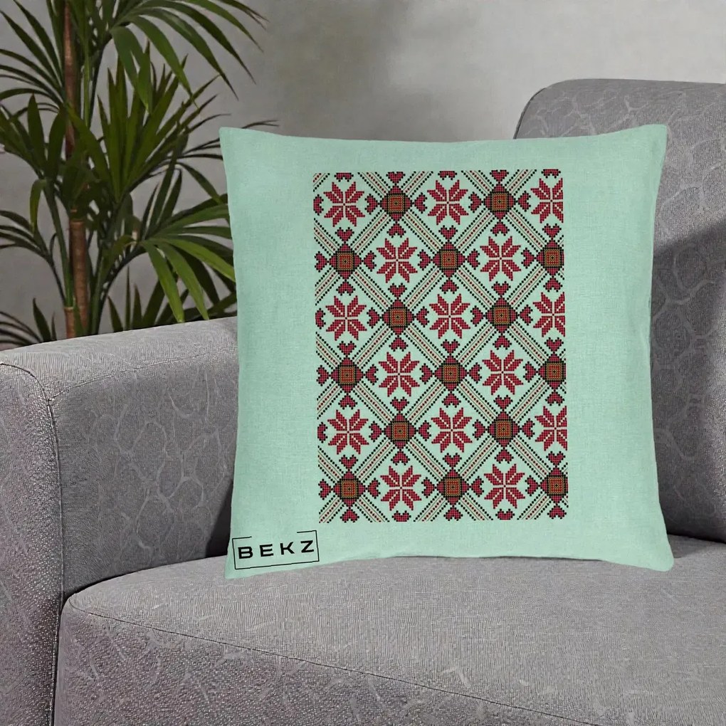 Perna Personalizata Motiv Traditional Ie Romaneasca Rosu, 40x40 cm, Verde Menta, Husa Detasabila, Perna Inclusa, BEKZ®