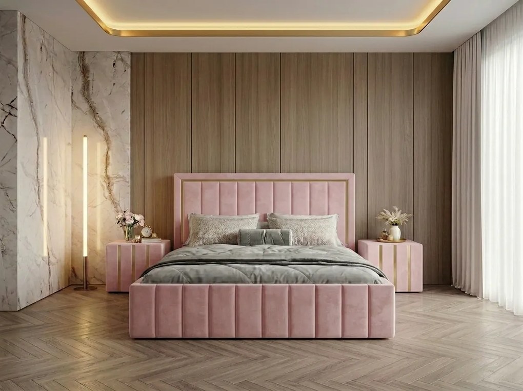 Pat tapitat Atena 140x200 cm, Roz + Saltea Superortopedica Gold, grosime 20 cm + Set 2 noptiere Hugo, Roz