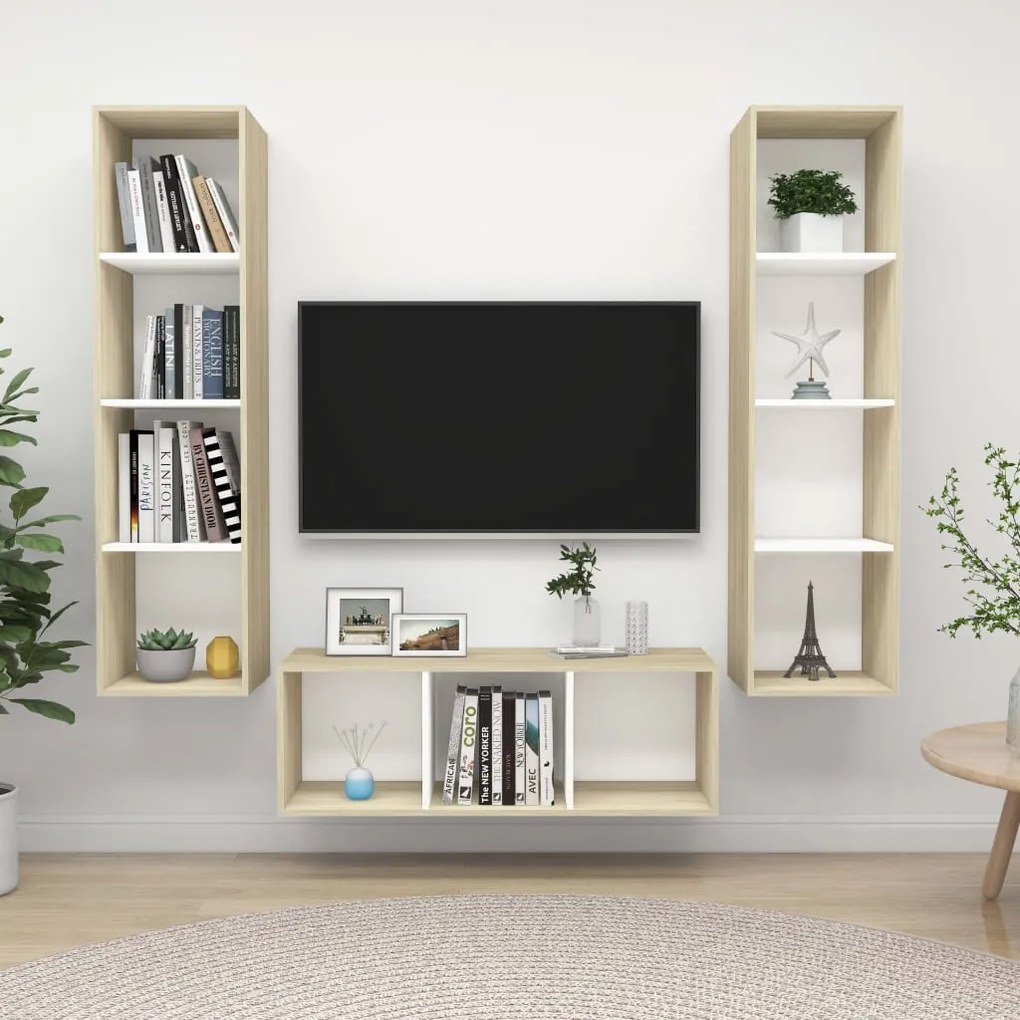 3079759 vidaXL Set dulapuri TV, 3 piese, alb și stejar sonoma, lemn prelucrat