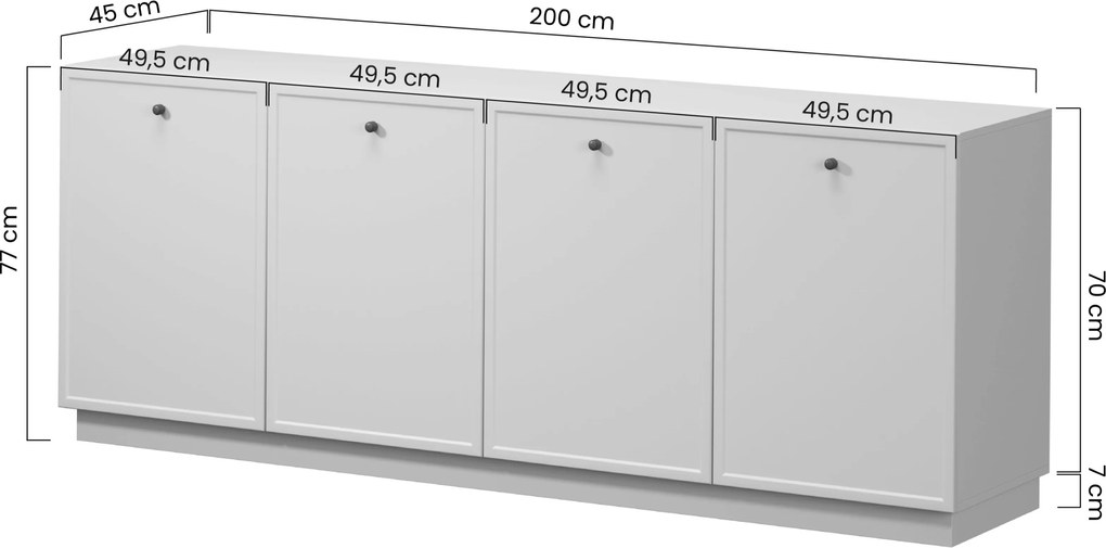 Comodă cu patru uși Lorini 200 cm - cașmir / mânere aurii T-bar