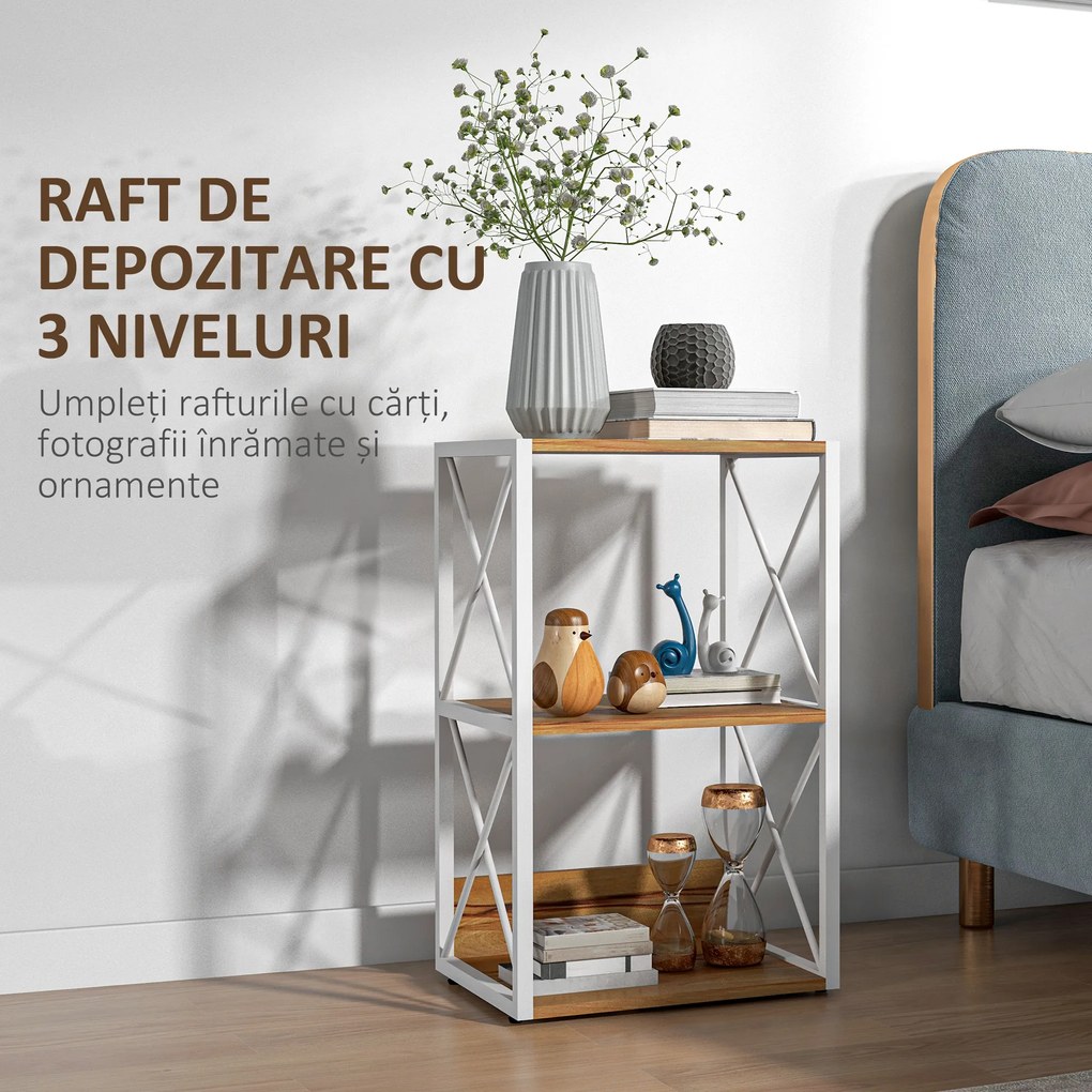 Mobilier Rastel Librarie 3 Rafturi cu Schelet in Otel Alb si Rafturi in Lemn 40x35x72.5cm HOMCOM | Aosom Romania