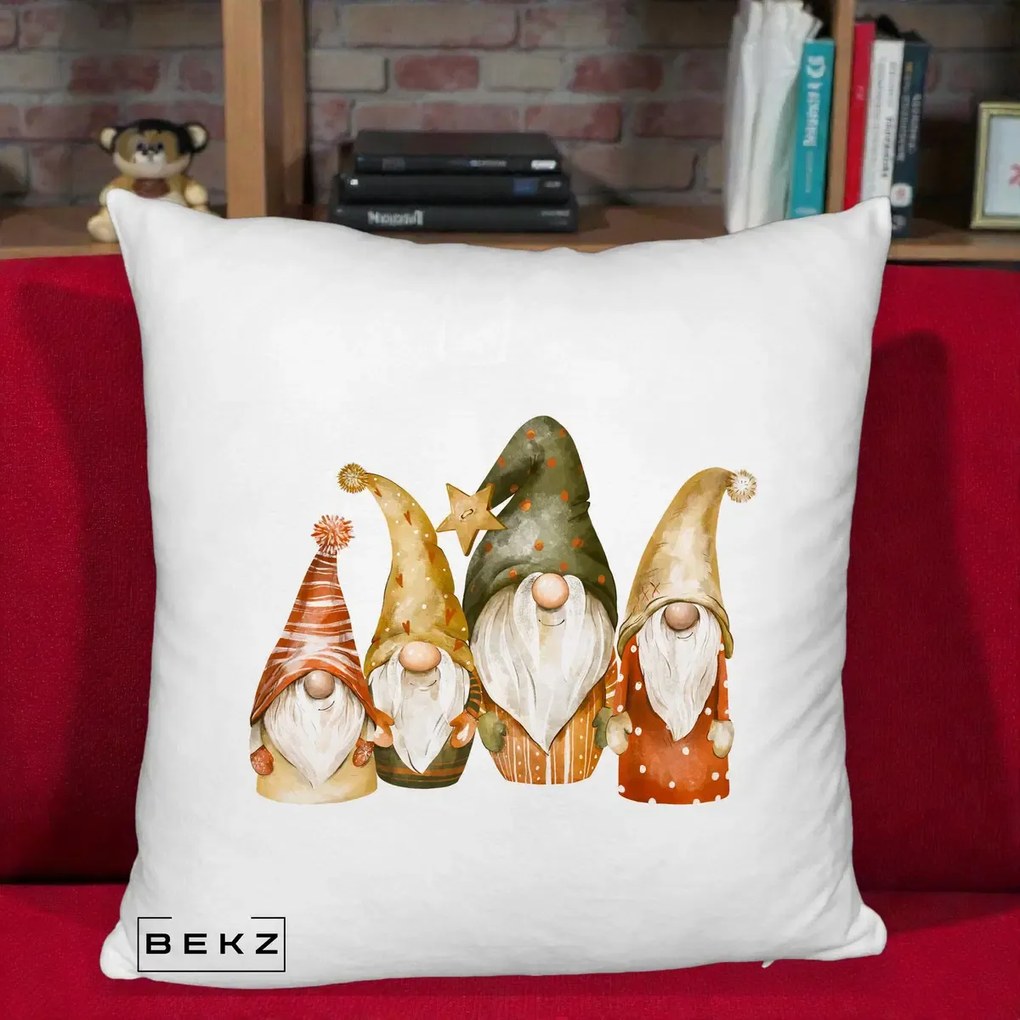 Perna Decorativa Gnomi de Craciun Patru, 40x40 cm, Alb Pufos, Husa Detasabila, Perna Inclusa, BEKZ®