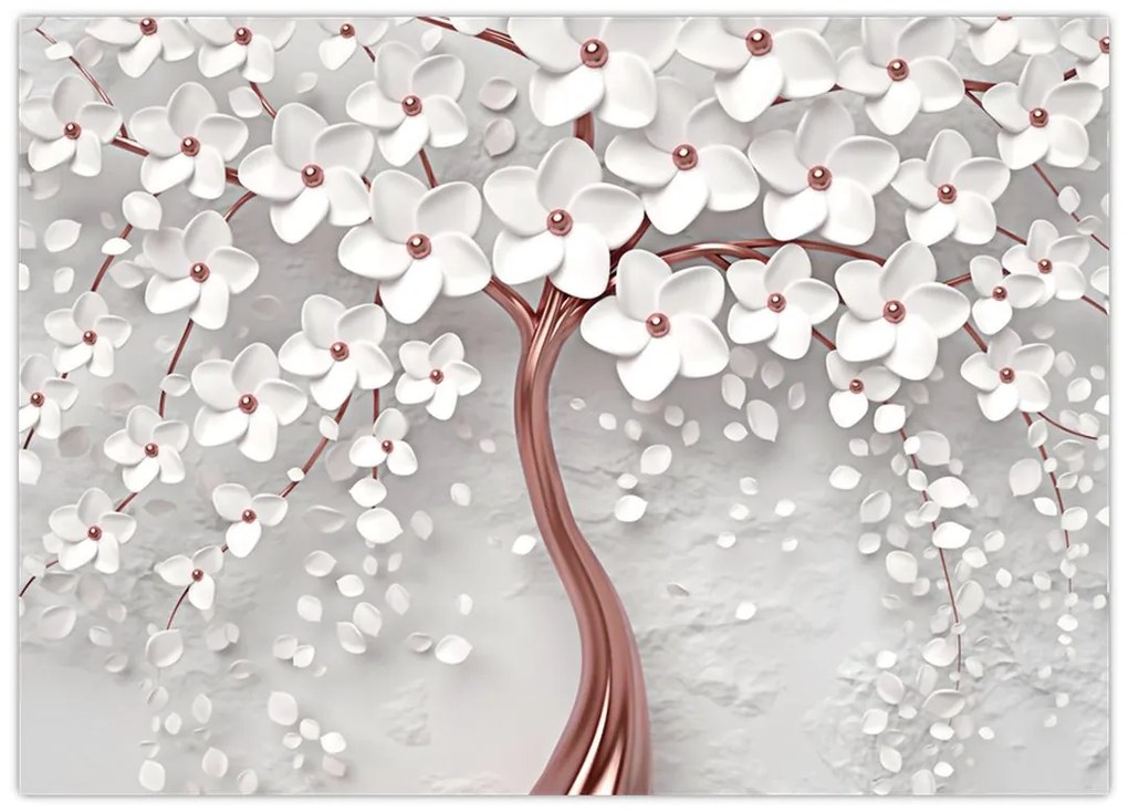 Tablou - Imaginea copacului alb cu flori albe, rosegold (70x50 cm)