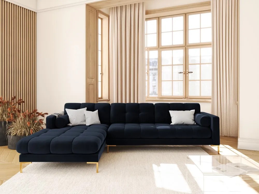 Colțar tapițat Bali, Albastru închis/5 locuri/picioare gold/partea stângă/ L293 x l185 x h75