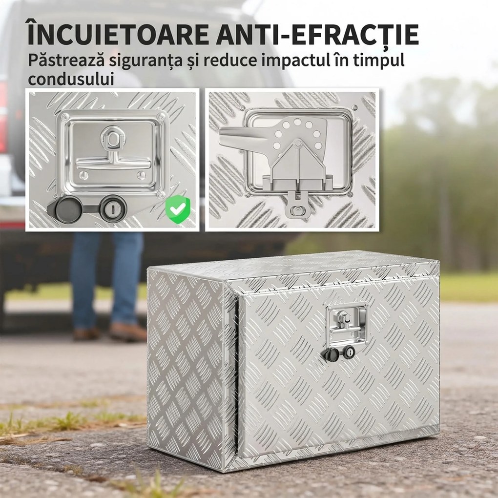 HOMCOM Cutie de Scule din Aluminiu cu Încuietoare și 2 Chei, Box de Depozitare 76L, Rezistentă și Impermeabilă, pentru Pickup Rulote Remorci, 60,9x35,5x40,6cm, Argintiu | Aosom Romania