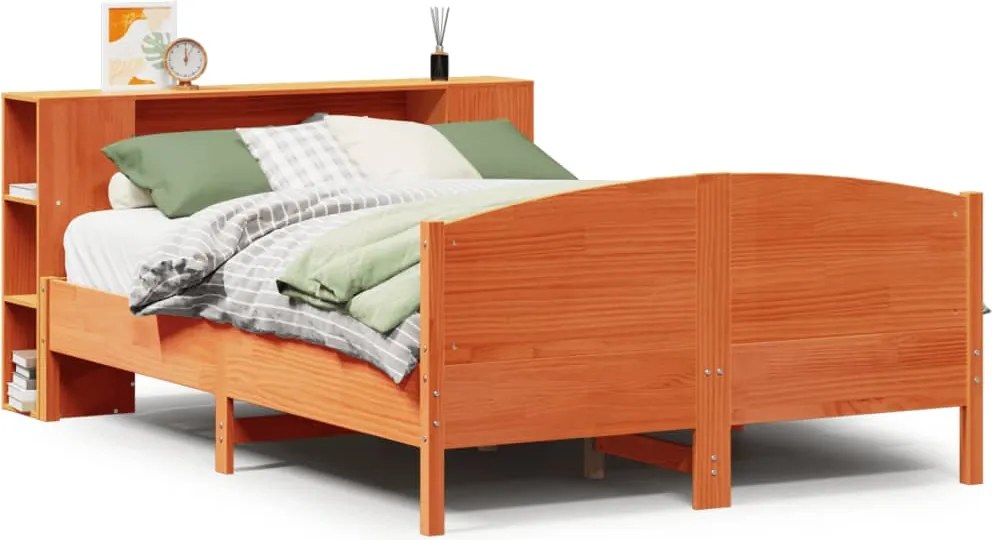 vidaXL Pat cu bibliotecă fără saltea maro 140x190 cm lemn masiv de pin