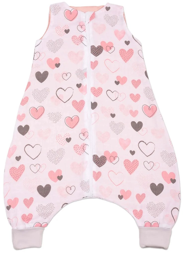 Sac de dormit cu picioare de vara din muselina 6-18 luni Kidizi Pink Hearts, 0.5 tog, 100% bumbac