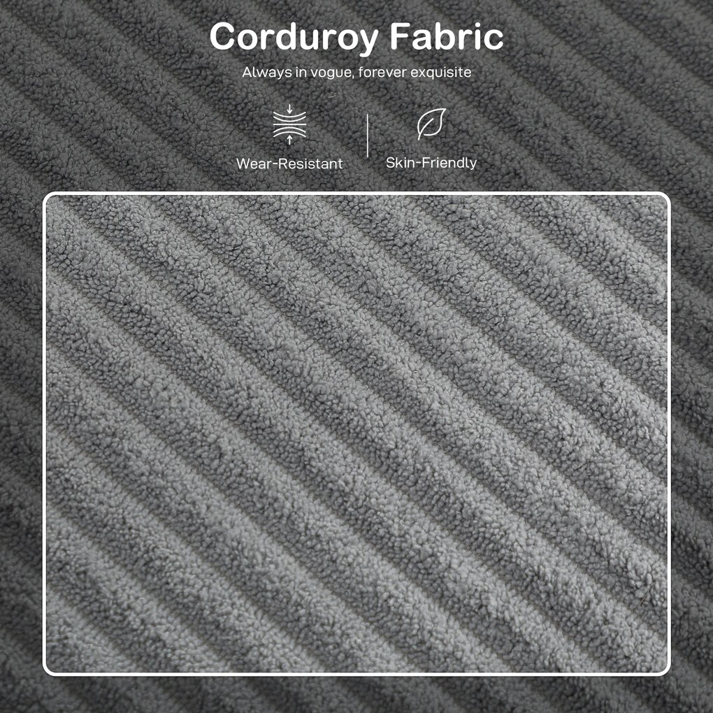 HOMCOM Divan 3 Locuri cu Pouf de Depozitare din Velur cu Nervuri 196x139x85 cm, Gri | Aosom Romania