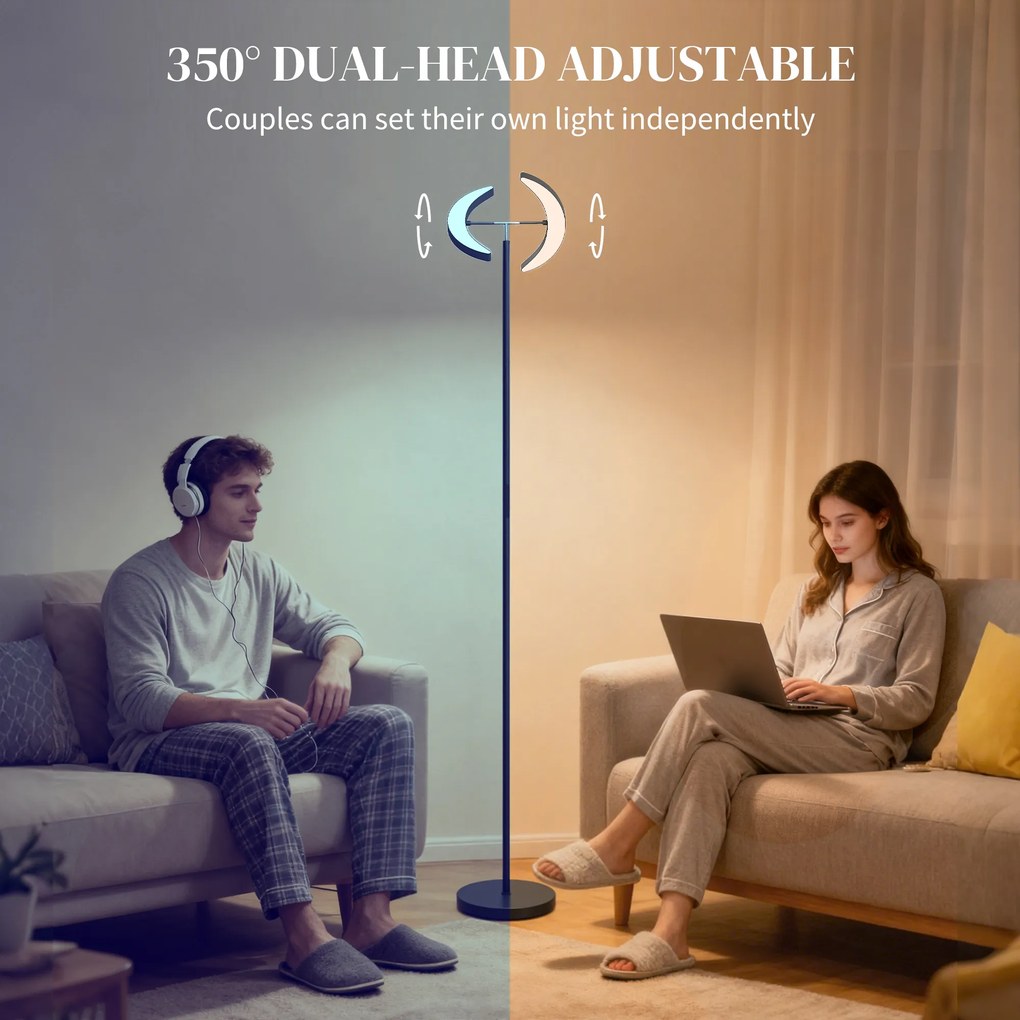 HOMCOM Lampă de Podea Dimmerabilă cu Telecomandă și Dublă Cap Girevole la 350°, Lampă de Podea cu Reglare Temperatură Culoare 2700K-6000K, pentru Sufragerie și Cameră, Negru | Aosom Romania