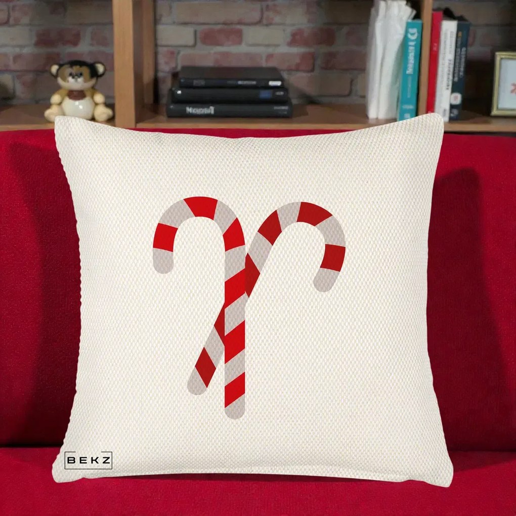 Perna Decorativa Candy Cane de Craciun, 40x40 cm, Crem Reliefat, Husa Detasabila, Perna Inclusa, BEKZ®