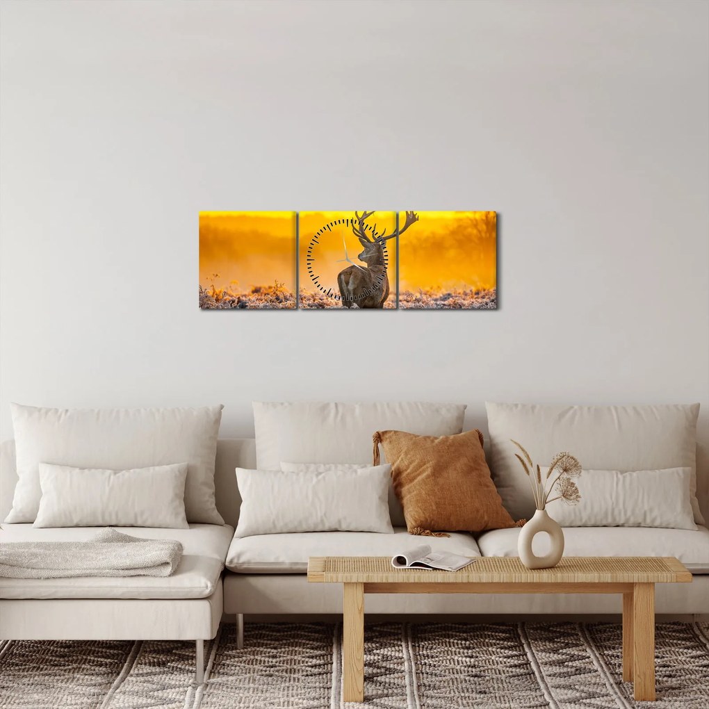 Tablou - Cerb la răsăritul soarelui (cu ceas) (90x30 cm)