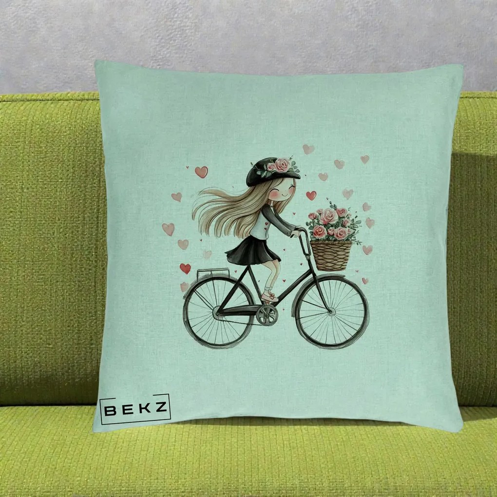 Perna Decorativa Fetita Kawaii pe Bicicleta cu Trandafiri si Inimioare, 40x40 cm, Verde Menta, Husa Detasabila, Perna Inclusa, BEKZ®