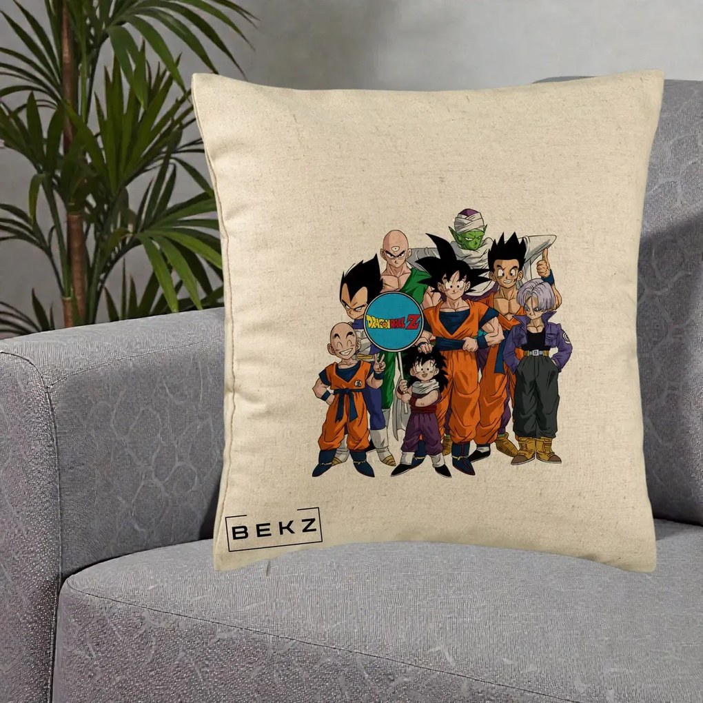 Perna Personalizata Dragon Ball Z Grup Complet, 40x40 cm, Bej, Husa Detasabila, Perna Inclusa, BEKZ®