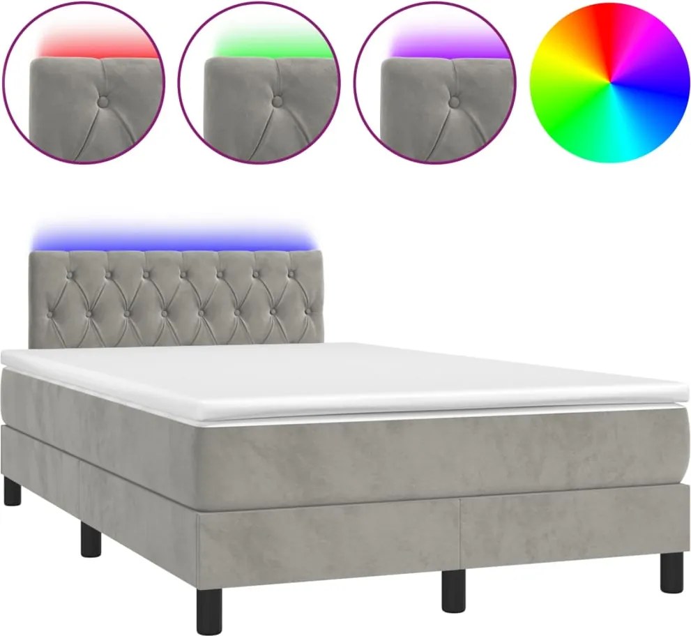 vidaXL Pat cu arcuri, saltea și LED, gri deschis, 120x200 cm, catifea