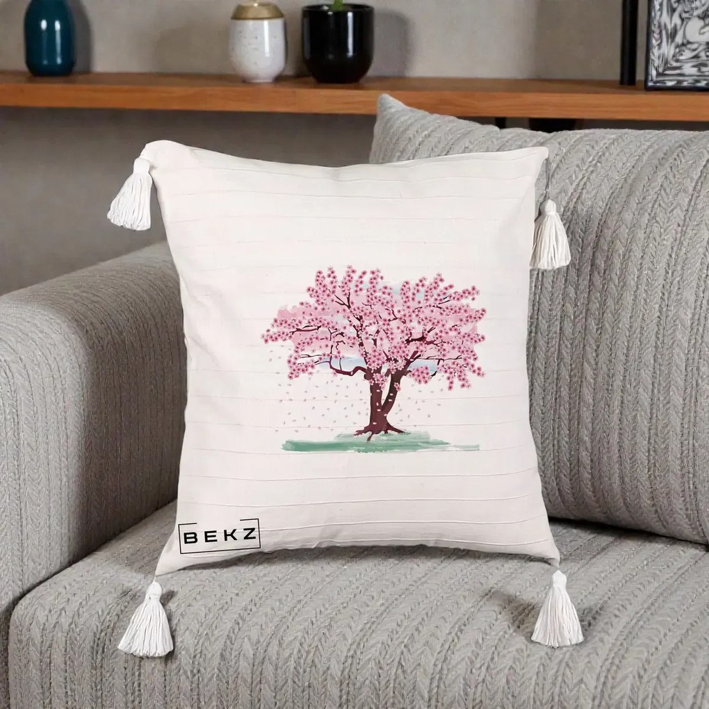 Perna Decorativa Cires Inflorit Acuarela, 40x40 cm, Bej cu Franjuri, Husa Detasabila, Perna Inclusa, BEKZ®